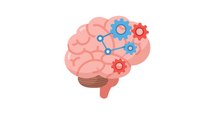 Illustration of human brain with interconnected gears symbolizing cognitive processes and mental functions