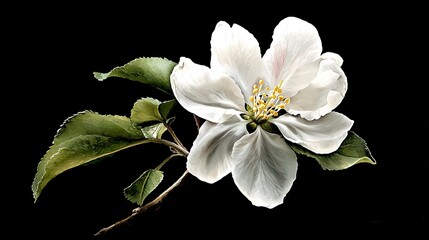 Obraz premium Close-up of a delicate white apple blossom in full bloom on an isolated branch, with two green leaves and vibrant digital painting details on a black background. Floral art and nature concepts.