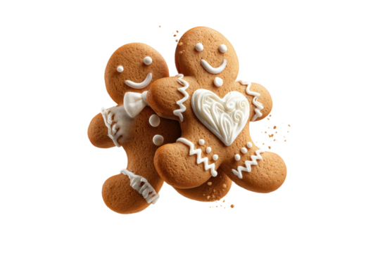 PNG Smiling gingerbread cookies with decorative icing on black background