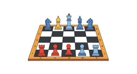 Illustration of a uniquely colored chessboard with unconventional piece placement and design