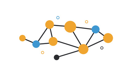 Obraz premium Abstract representation of connected network nodes with linked circular elements in blue and orange colors