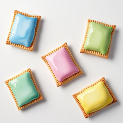 Small candy colored iced biscuits on a white background