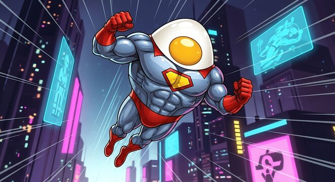 Superhero with An Egg Head Flying Through A Futuristic Cityscape at Night.