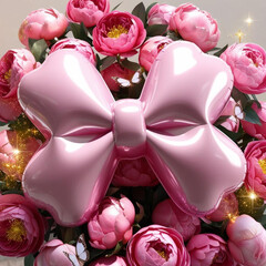 Peony roses with a pink inflated puffy bow in the middle of the arrangement