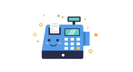 Cute blue cash register with smiling face and receipt printing in playful style