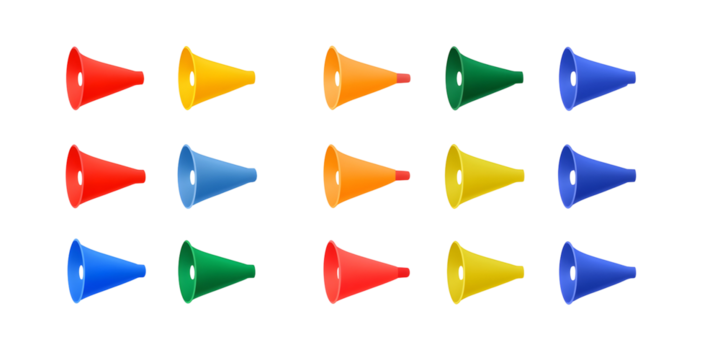 Dynamic arrangement of vibrant megaphone icons against a stark black backdrop