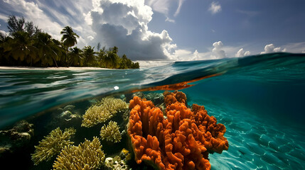Vibrant Coral Reef Underwater Scene With Tropical Island