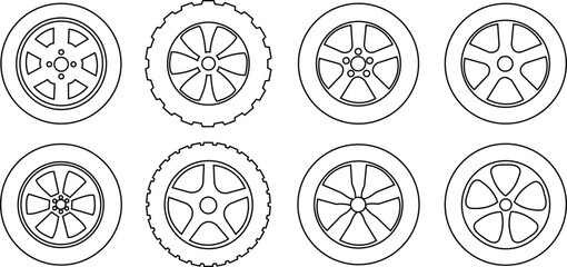 Black rubber wheel tire outline icon set. Car tire tread tracks, motorcycle racing, dirty tires track. Tyre road maintenance vectors illustration automobile. Transport symbol on transparent background © Mr 360 graphic