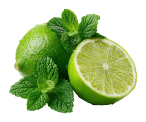 Refreshing limes and mint leaves for summer drinks kitchen table food bright atmosphere isolated on transparent background