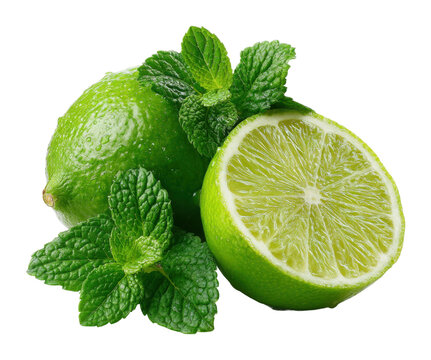 Refreshing limes and mint leaves for summer drinks kitchen table food bright atmosphere isolated on transparent background