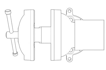 Engineering Workshop Table Vise: Precise Wireframe Technical Drawing Line Art - Detailed Monochrome Black and White Outline of Industrial Hand Tool Isolated for Design, Blueprint, Schematic Graphics