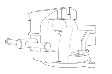 Engineering Workshop Table Vise: Precise Wireframe Technical Drawing Line Art - Detailed Monochrome Black and White Outline of Industrial Hand Tool Isolated for Design, Blueprint, Schematic Graphics