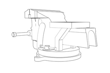 Engineering Workshop Table Vise: Precise Wireframe Technical Drawing Line Art - Detailed Monochrome Black and White Outline of Industrial Hand Tool Isolated for Design, Blueprint, Schematic Graphics