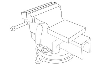 Engineering Workshop Table Vise: Precise Wireframe Technical Drawing Line Art - Detailed Monochrome Black and White Outline of Industrial Hand Tool Isolated for Design, Blueprint, Schematic Graphics