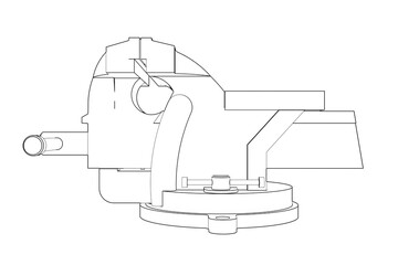 Engineering Workshop Table Vise: Precise Wireframe Technical Drawing Line Art - Detailed Monochrome Black and White Outline of Industrial Hand Tool Isolated for Design, Blueprint, Schematic Graphics