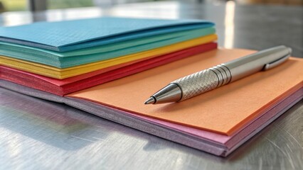 Stack of colorful paper with a silver pen on a metallic surface for stationary or office supplies.