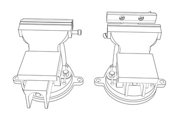 Engineering Workshop Table Vise: Precise Wireframe Technical Drawing Line Art - Detailed Monochrome Black and White Outline of Industrial Hand Tool Isolated for Design, Blueprint, Schematic Graphics