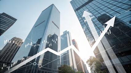 The upward trend is shown with the arrow moving upwards among the tall financial buildings of the city symbolizing growth.