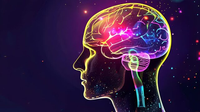 Human head silhouette with multi-colored brain sections on dark, illustrating mind functions