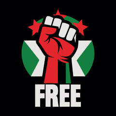 Bold Free Palestine Graphic T-Shirt with Raised Fist, Red Star & Flag Colors Pro Justice Activism Apparel for Human Rights Awareness