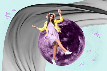Banner 3d poster art collage of happy girl guy stand space galaxy moon planet cosmos discovery...