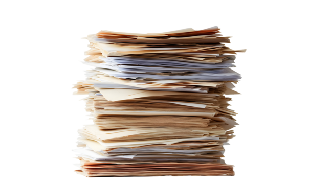 Overwhelmed with work: A towering stack of documents against a dark backdrop