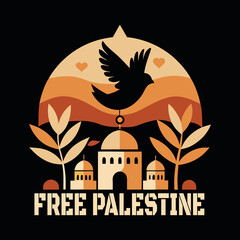 Symbolic Expression of Peace and Liberation Free Palestine Urban Silhouette with Dove, Dome, and Olive Branch Motif in Monochrome Style