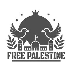 Symbolic Expression of Peace and Liberation Free Palestine Urban Silhouette with Dove, Dome, and Olive Branch Motif in Monochrome Style