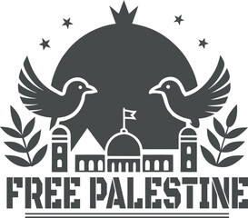 Symbolic Expression of Peace and Liberation Free Palestine Urban Silhouette with Dove, Dome, and Olive Branch Motif in Monochrome Style