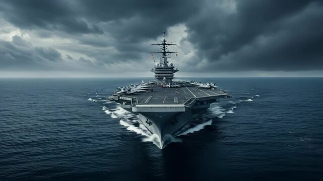 Powerful Aircraft Carrier Sailing Across the Ocean with a Dramatic Sky Background