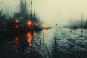 Mysterious cityscape with blurred lights and reflections on a foggy river at dusk.