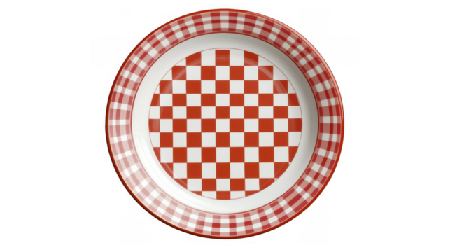 Dinner plate with red and white checkered design on a transparent background, PNG image, PNG file.