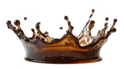 Liquid splashing, brown beverage creating crown shape on a transparent background, PNG image, PNG file.