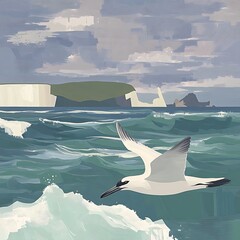 Fototapeta premium Elegant bird soars above the turbulent sea, painting captivating coastal vista