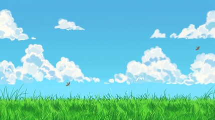 Enchanting Scenery of Lush Green Grassland under a Vast Blue Sky with Floating White Clouds: A Serene Natural Tapestry