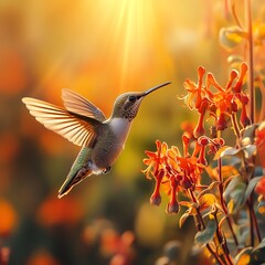 Naklejka premium Vibrant hummingbird hovering near red flowers in sunlight high resolution for isolate image