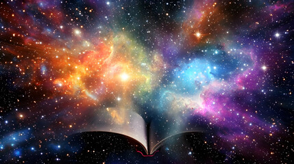 Open Book With Cosmic Nebula Background