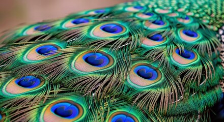 Obraz premium Closeup Blue Green Feathers Peafowl Bird Vibrant Detailed Plumage Texture