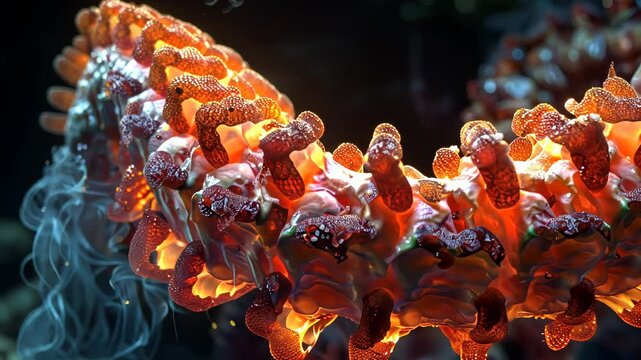 Realistic 3D render of colon with spotlight on haustra, taenia coli against a dark background