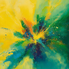 Abstract explosion of colors dynamic artistic composition in yellow green blue and orange hues with paint splatters and textural details