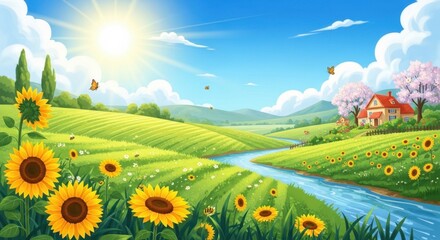 Pastoral sunflower landscape in the sun