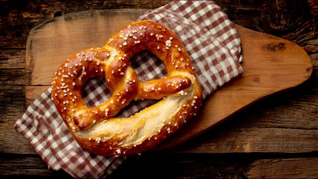 A close-up shot of a golden pretzel on a wooden board and patterned cloth.