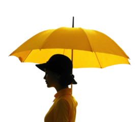Woman holding yellow umbrella silhouette on rainy day urban environment artistic isolated on transparent background