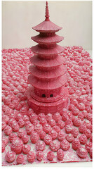 Pink Pixelated Pagoda Model On Pink Background