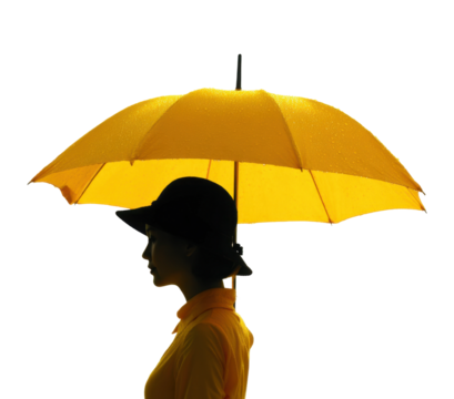 Woman holding yellow umbrella silhouette on rainy day urban environment artistic isolated on transparent background