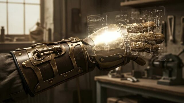 Steampunk arm interacts with holographic data