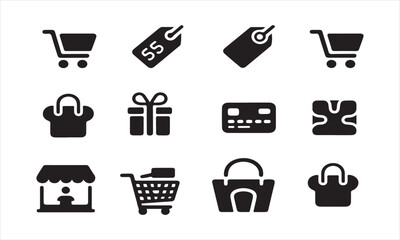 a collection of black and white flat icons representing various aspects of e-commerce and retail vector art on white