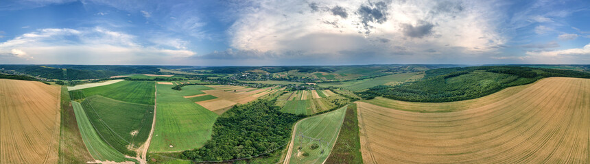 Aerial landscape view of green and yellow cultivated agricultural fields with growing crops on...