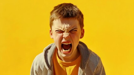Close-up  of young boy displaying an angry facial expression, with mouth open and eyes focused on something off-camera.