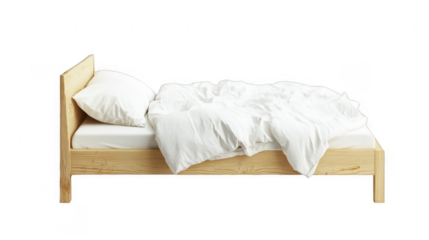 Unmade bed with a wooden frame and white linens on a transparent background, PNG image, PNG file.